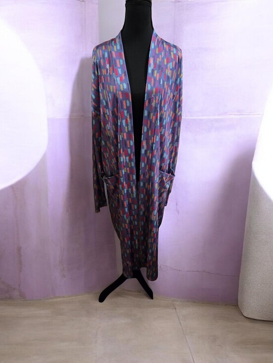 The Zigzag Stripe Other - Long Open Duster Cardigan in Multicolor Geometric Print NWOT size Xl